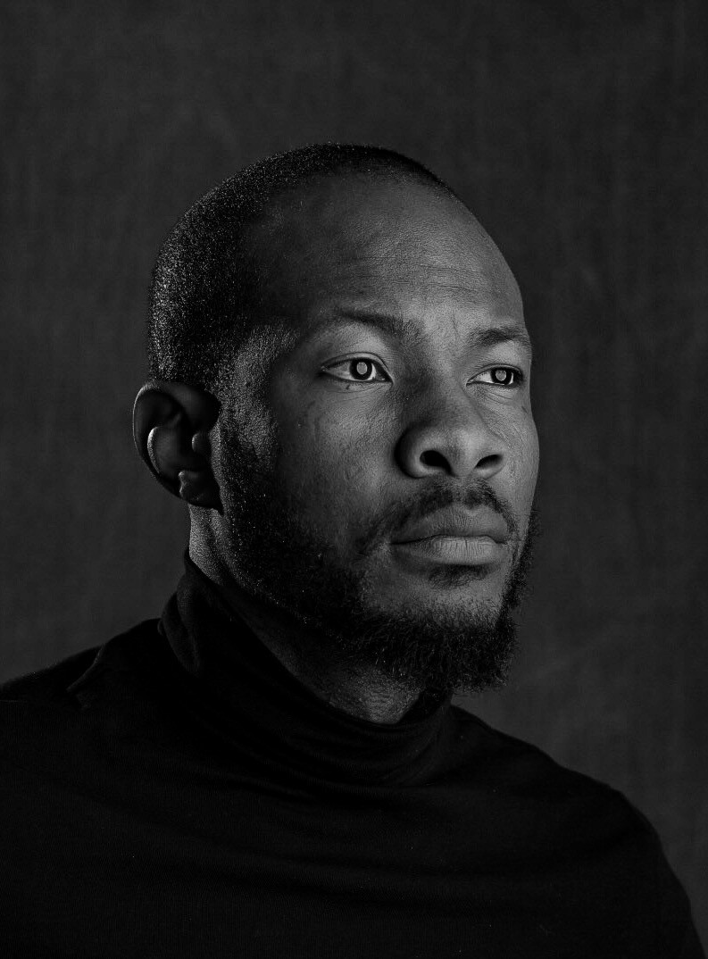 Black and white close-up portrait of a man
